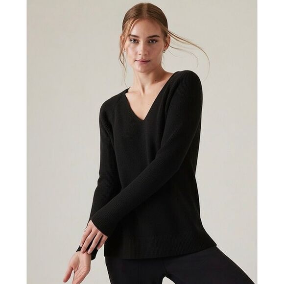 Athleta Refined V neck Sweater size M Black Merino wool Blend - Picture 1 of 9